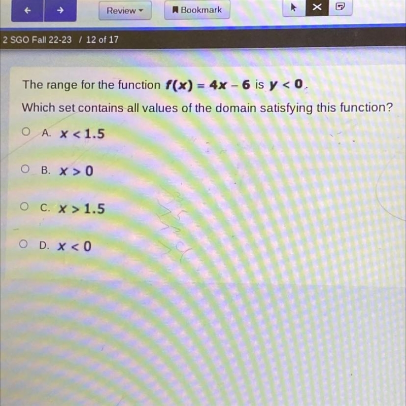 The range for the function f(x) = 4x-6 is y < 0. Which set contains all values-example-1