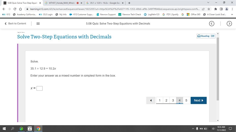 SOMEONE HELP ME Solve. 35.1 = 12.9 + 10.2x Enter your answer as a mixed number in-example-1