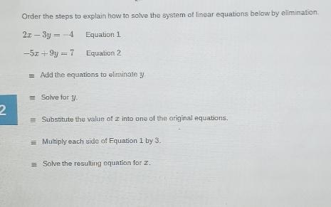 Order the steps to explain how to solve the system of linear equations below by elimination-example-1