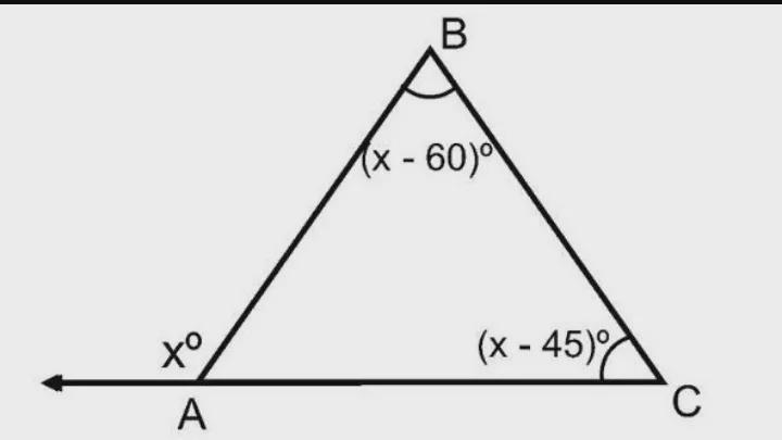 Given triangle ABC below, if angle B=(x-60)^ and angle C=(x- 45)^ find the measure-example-1