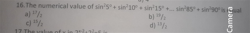 The numerical value of sin²5° + sin²10° + sin²15° +... sin²85° + sin²90° is equal-example-1