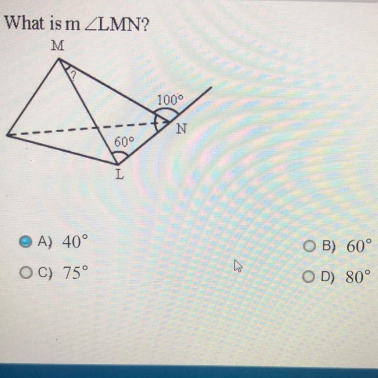 What is m A) 40° B) 60° C) 75° D 80°-example-1