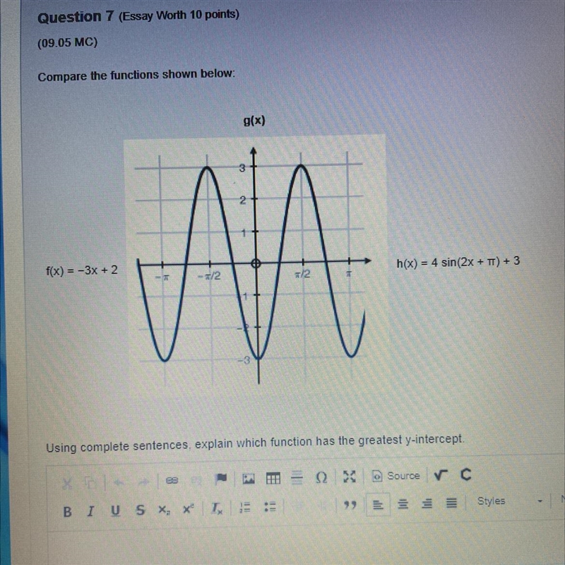 Using complete sentences, explain which function has the greatest y-intercept.-example-1