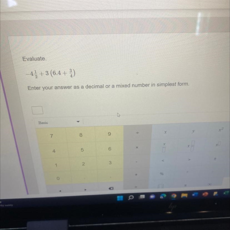 Evaluate. —4 1/2+3(6.4+3/4)-example-1