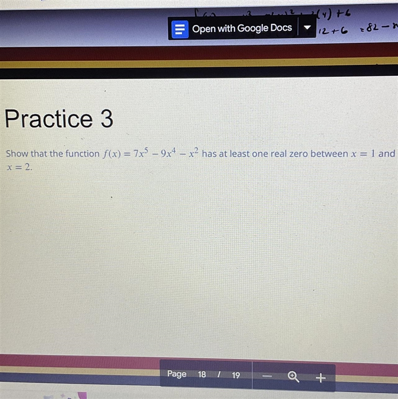 Show that the function has a at least one real zero between x=1 and x=2-example-1