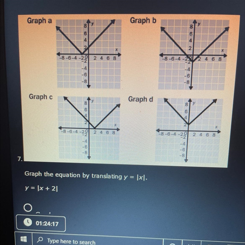 Graph the equation by the translating y=|x|Y=|x+2|A. Graph a B. Graph c C. Graph d-example-1