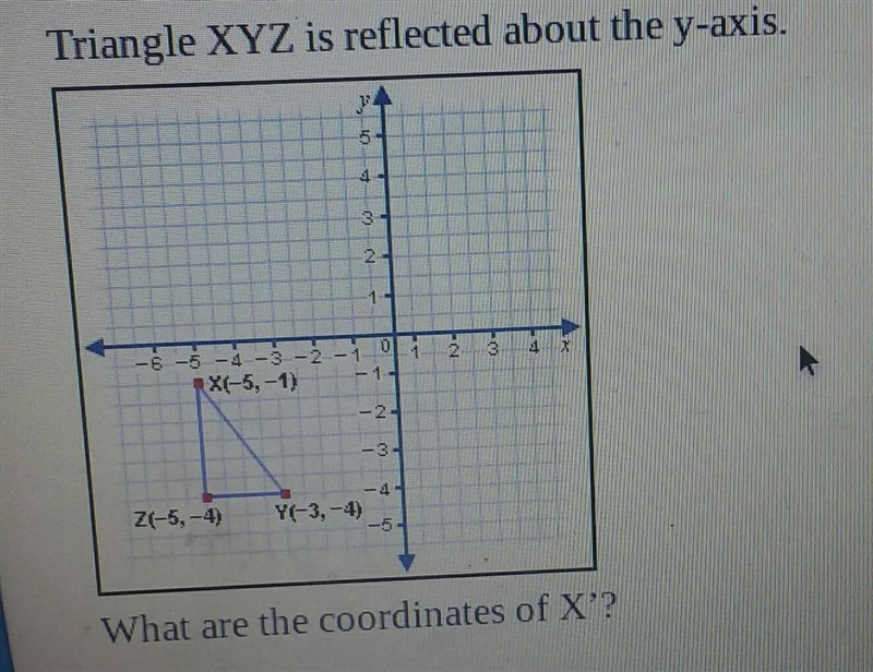 What are the coordinates of X'? OA) (5, -1) OB) (-5, -1) OD) (5, 1) OC) (-5, 1)-example-1