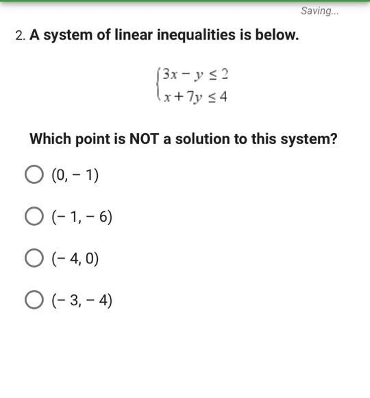 A system of linear inequalities is below. Which point is NOT a solution to this system-example-1