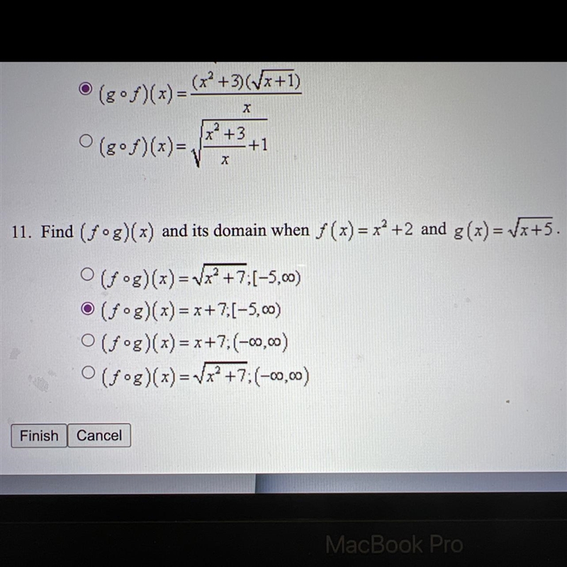 Find (fog)(x) and it’s domain when f(x)=x^2 and g(x)= square root x+5-example-1