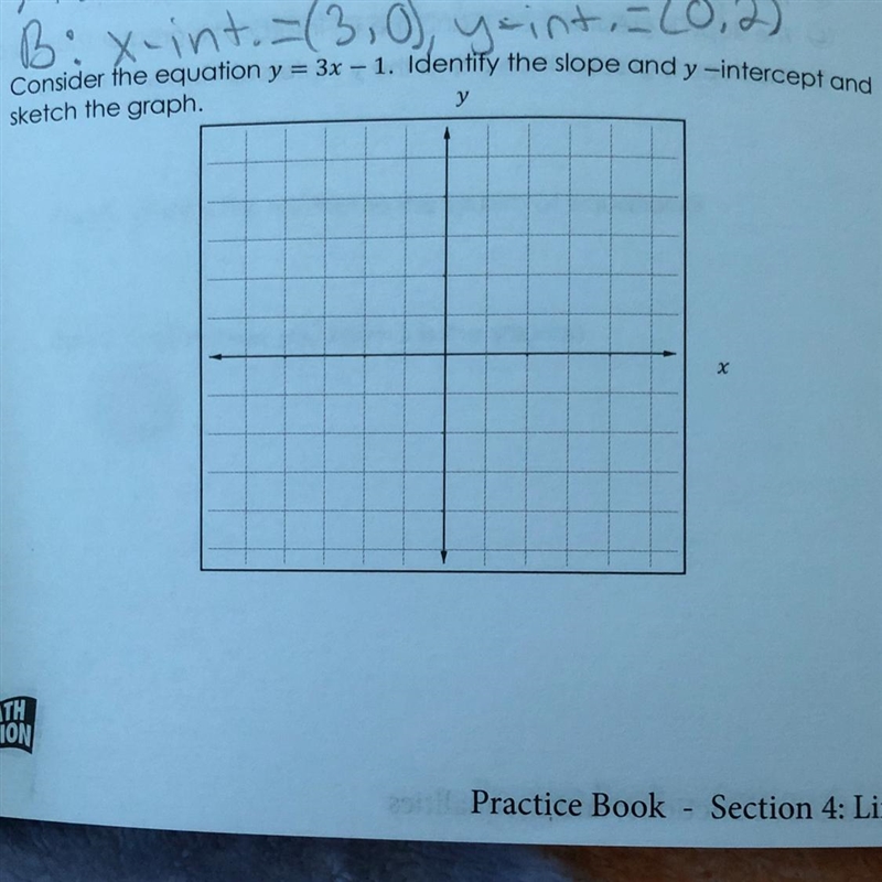 Consider the equation y = 3x - 1 Identify the slope and y-intercept and sketch the-example-1