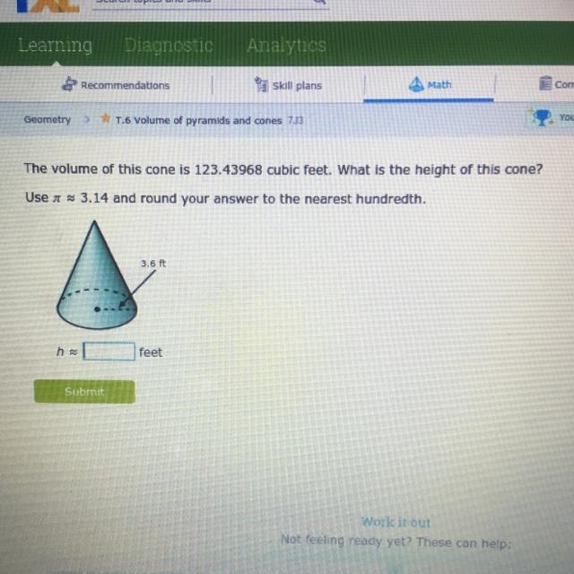 the volume of this cone is 123.43968 cubic feet. What is the volume height of This-example-1