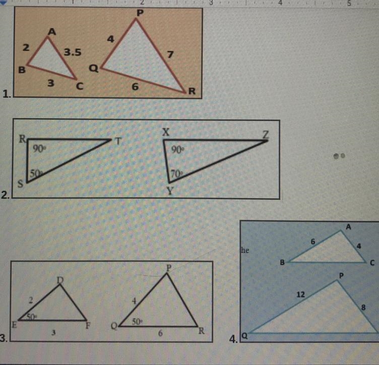 Tell if each pair of triangles are either 1. Similar By SSS similarity 2.Similar by-example-1