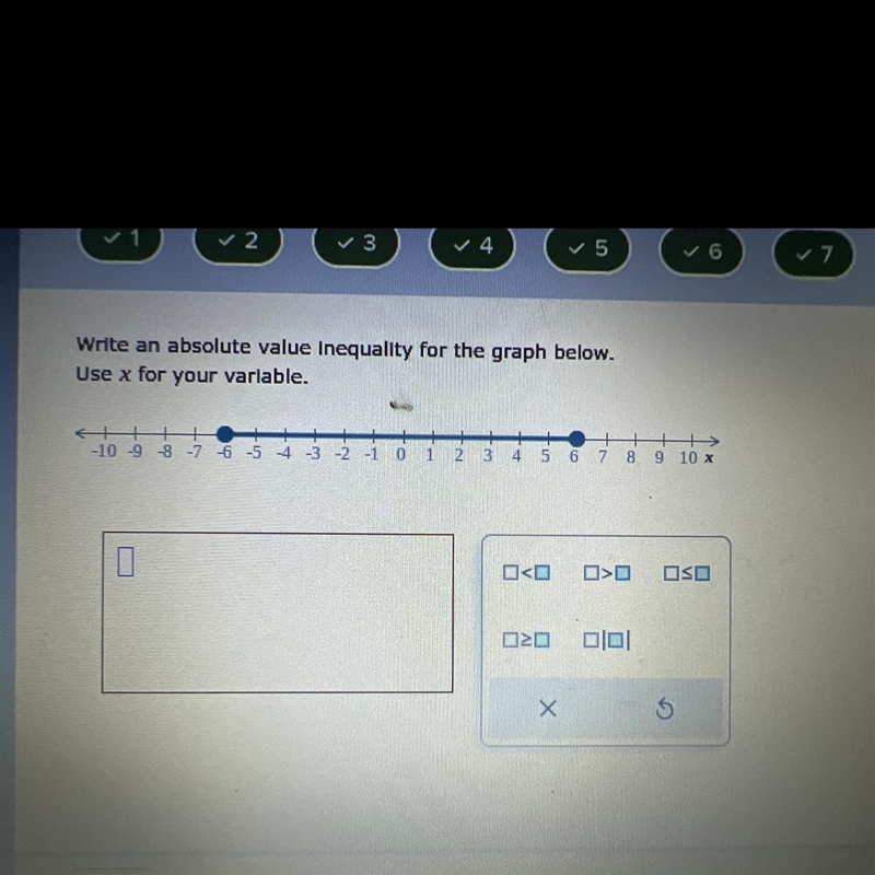 Write an absolute value inequality for the graph below. Use x for your variable.-example-1