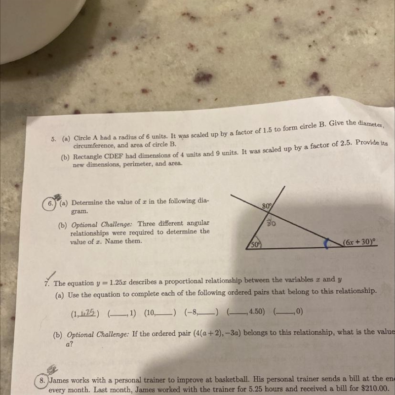 In number 6, determine the value of x in the diagram and what the three angular relationships-example-1