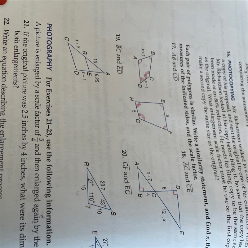 Each pair of polygons is similar. Write a similarity statement, find x, the measures-example-1