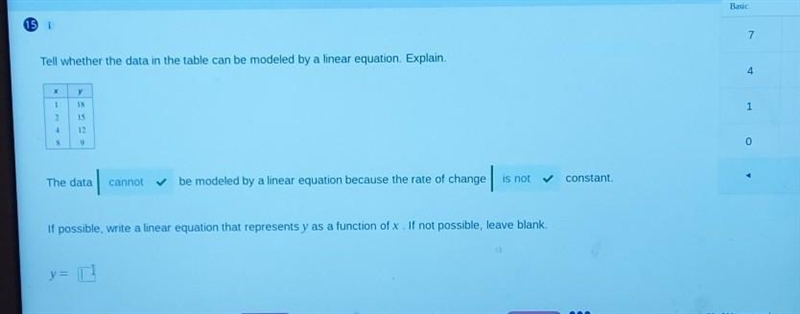 If possible write a linear equation that represents y as a function of x. If not possible-example-1