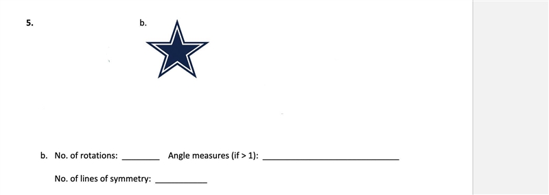 Number of rotations: Angle measures (if > 1): Number of lines of symmetry:-example-1