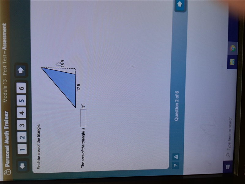 Find the area of the triangle. 18 Ft 17 ft The area of the triangle is-example-1