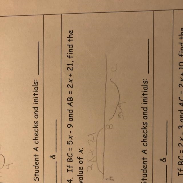 If BC = 5x - 9 and AB = 2x + 21, find the value of x.-example-1