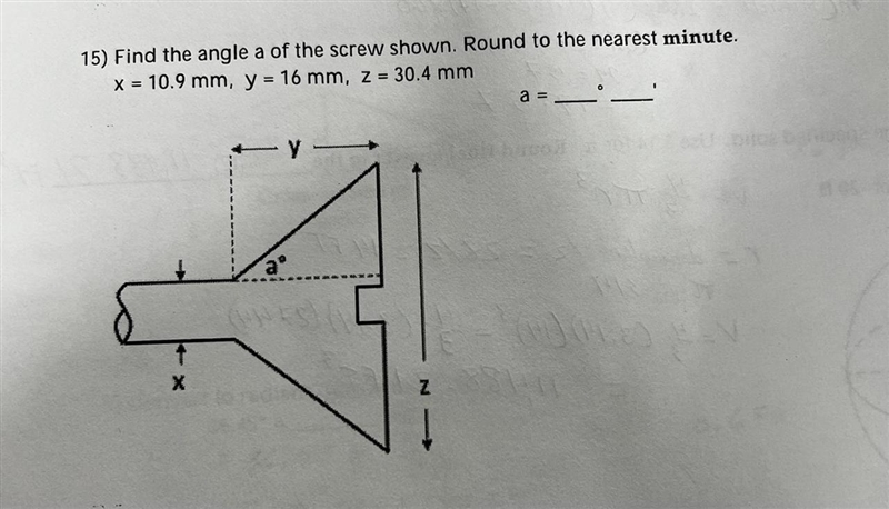 Find the angle a of the screw shown. Round to the nearest minute.x = 10.9 mm, y = 16 mm-example-1