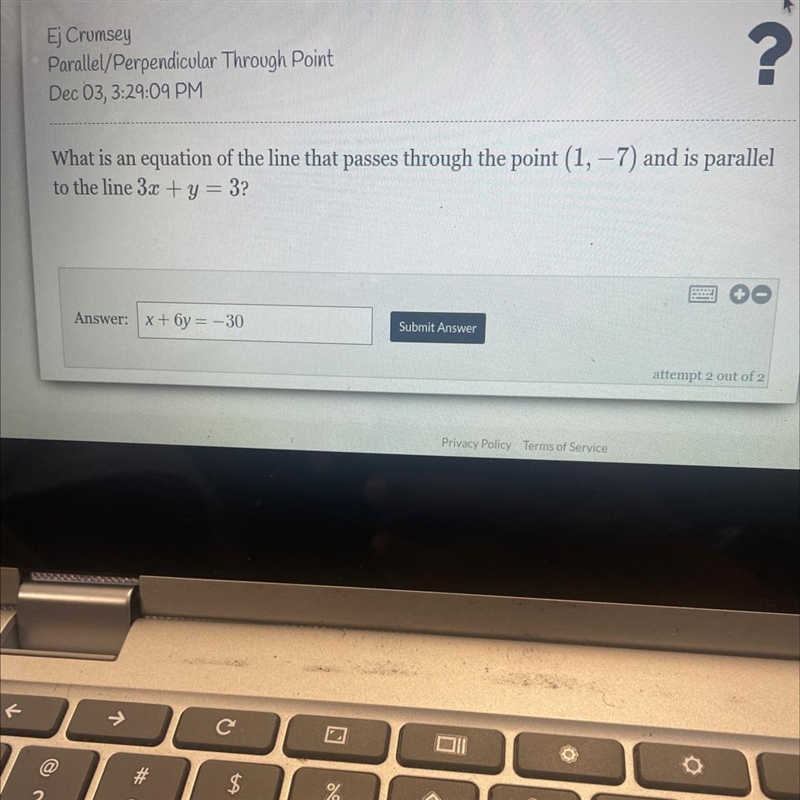 What’s the equation passing threw the points? And is parallel to the line 3x+y=3-example-1