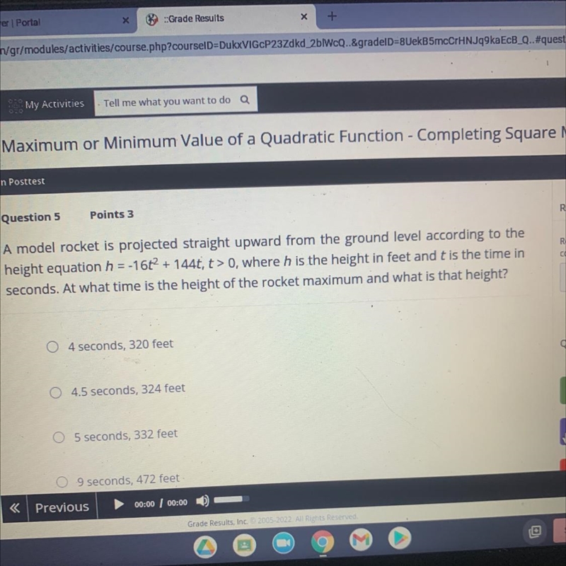 Question 5Points 3A model rocket is projected straight upward from the ground level-example-1