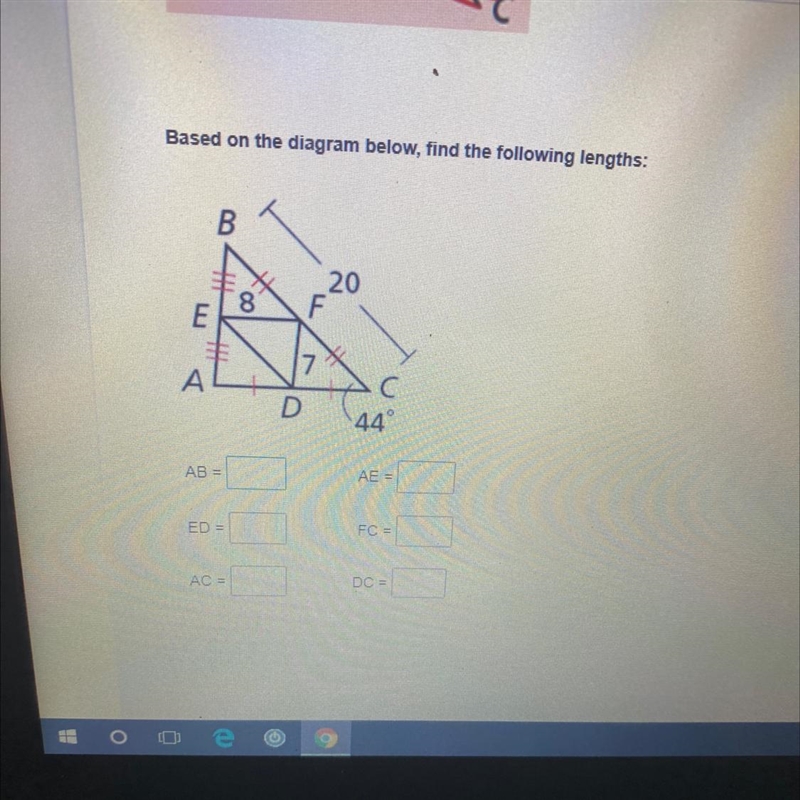 Based on the diagram below, find the following lengths:BX208E1A7 XDС44AB =AEED =FC-example-1