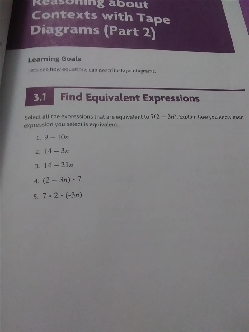 select all the expressions that are equivalent to 7(2-3n).Explain how you know each-example-1