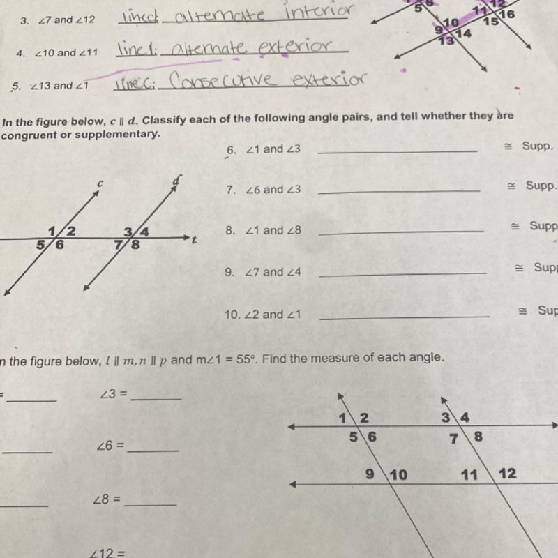 In the figure below, c || d. Classify each of the following angle pairs, and tell-example-1