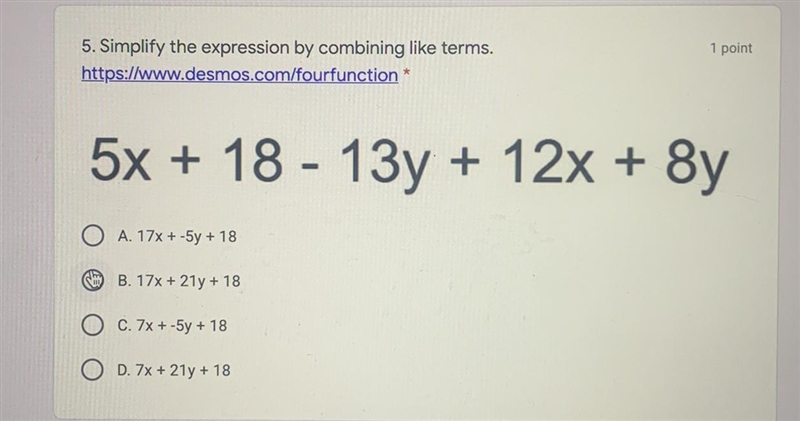 Simplify the expression by combining like terms.5x + 18 - 13y + 12x + 8y-example-1