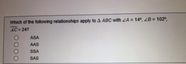 Which of the following relationships apply to A ABC with ZA = 140, ZB = 1020,AC = 24?-example-1