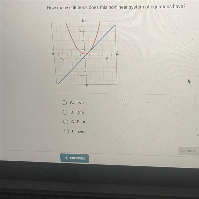 How many solutions does this nonlinear system of equations have?5.5-5-5.OA. TwoB. OneC-example-1