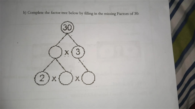 B) Complete the factor tree below by filling in the missing Factors of 30: 30 3 2-example-1