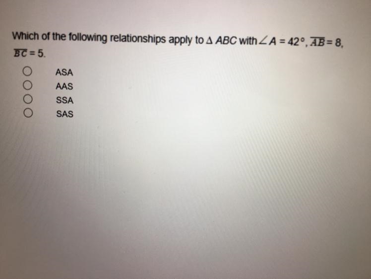 Which of the following relationships apply to A ABC with ZA = 42°, AB = 8,BC= 5.-example-1