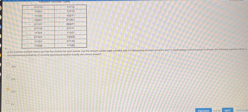 A five question multiple choice quiz has five choices for each answer. Use the random-example-1