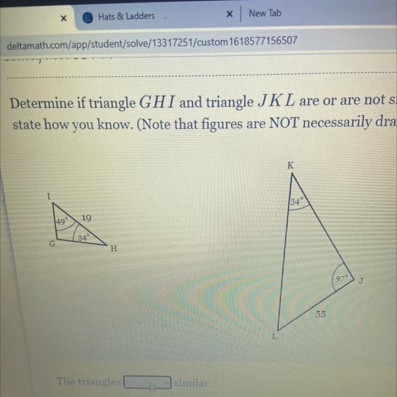 Determine if triangle GHI and triangle JKL are similar or not similar-example-1