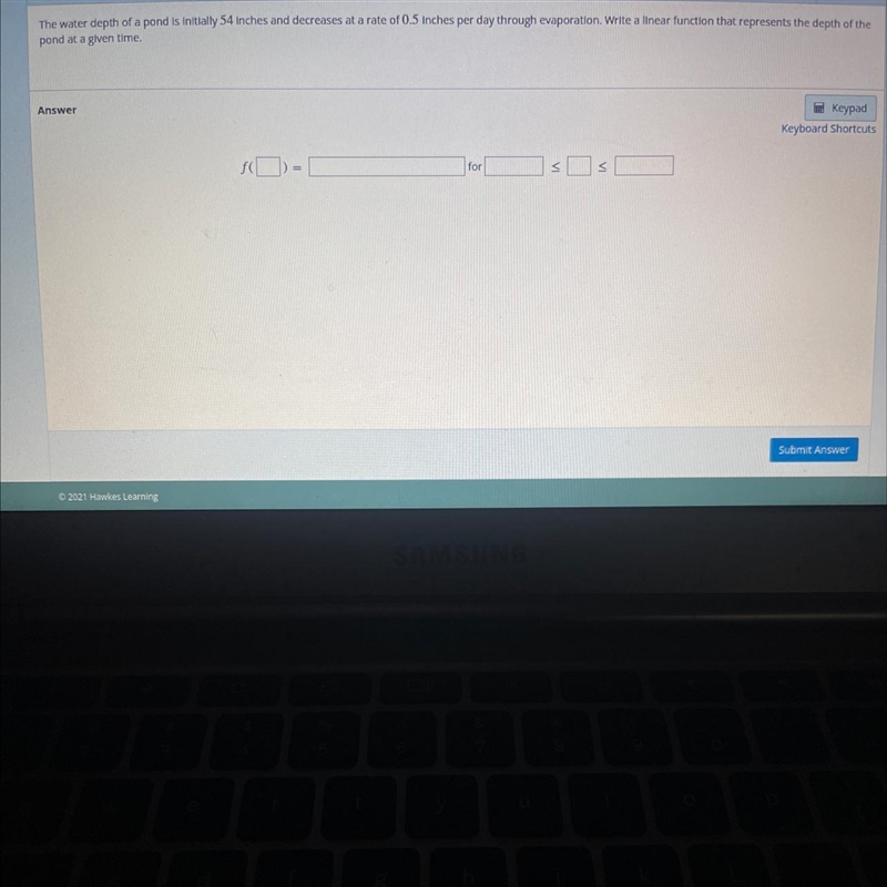 Write a linear function that represents the depth of the pond at a given time-example-1