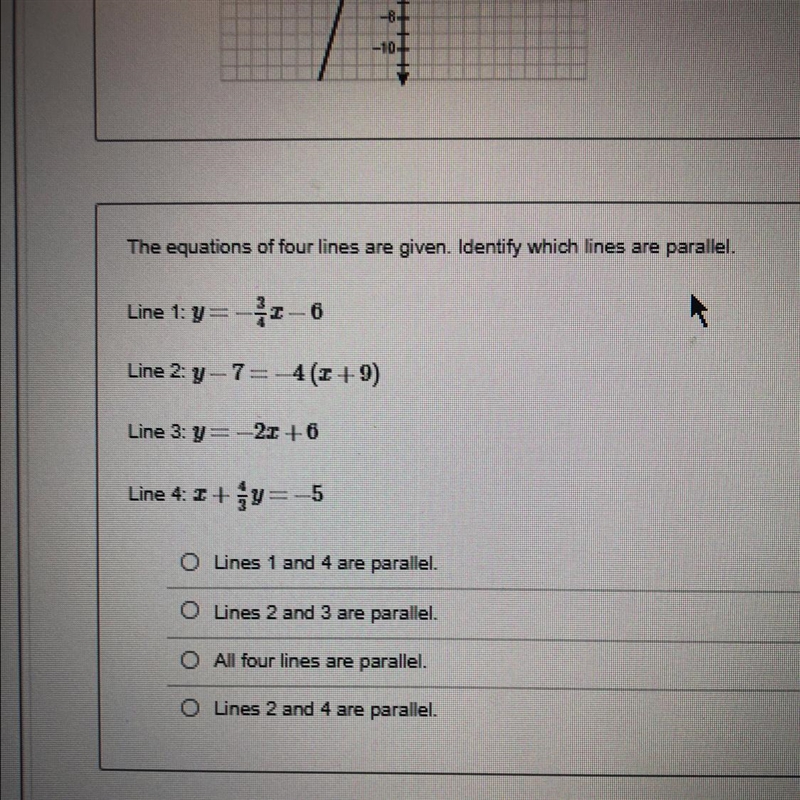 The equations of 4 lines are given. Identify which lines are parallel-example-1