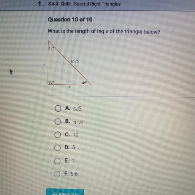 What is the length of leg s of the triangle below?-example-1