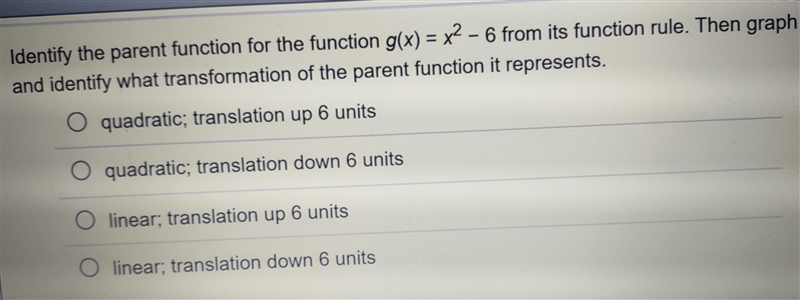 Identify the parent function for the function g (x) = x^2 - 6 from its function rule-example-1