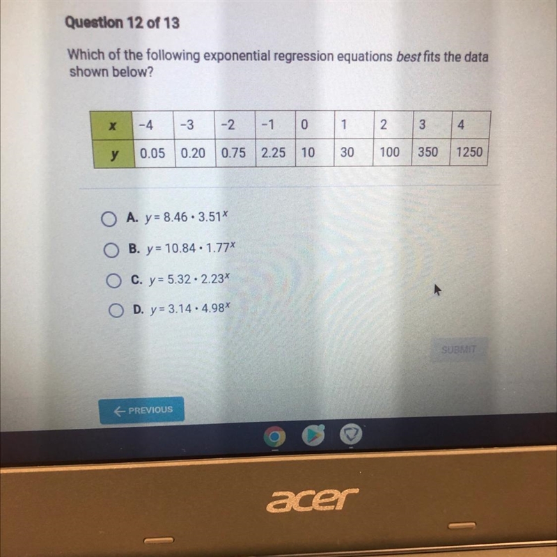 Which of the following exponential regression equations best fits the datashown below-example-1