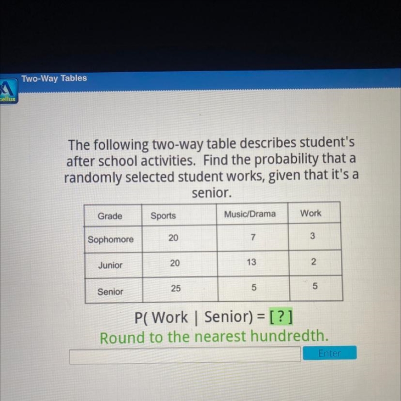 The following two-way table describes student'safter school activities. Find the probability-example-1