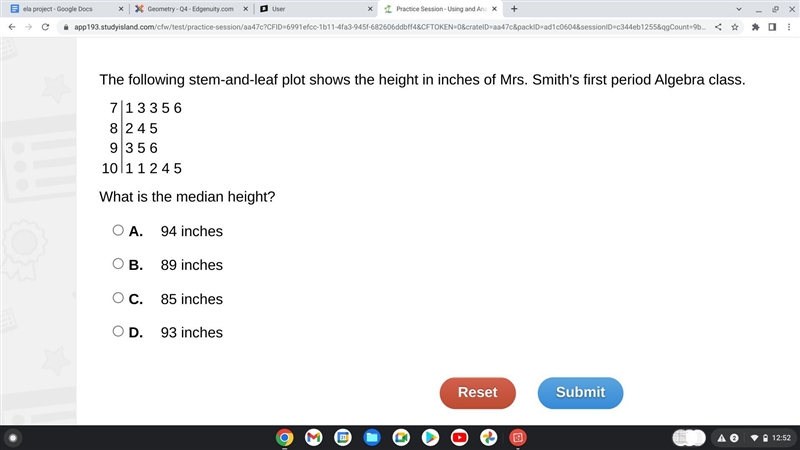 The following stem-and-leaf plot shows the height in inches of Mrs. Smith's first-example-1