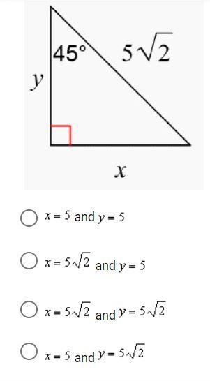 Solve for the legs of the 45-45-90 triangle.-example-1