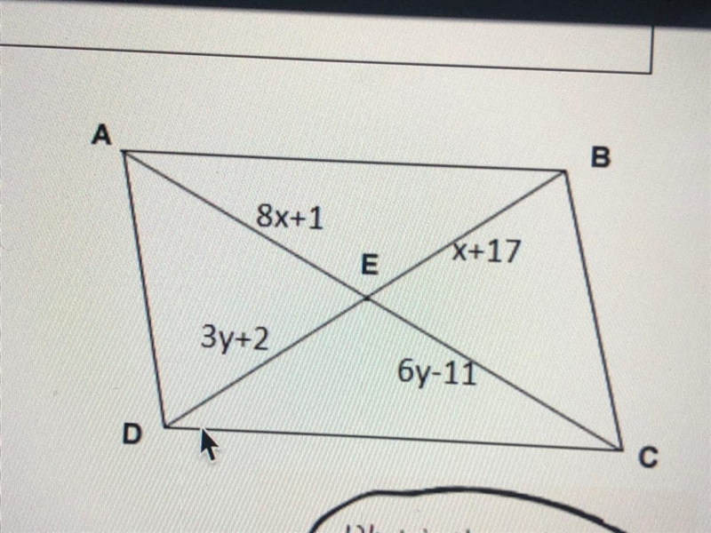 Find the lengths of diagnosis AC and BD for the parallelogram where EB = x + 17, ED-example-1