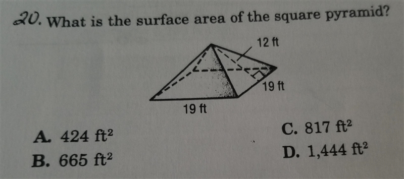 Surface area of a square pyramid with measures of 19, 19, 12-example-1