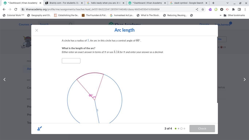 A circle has a radius of \blue{3}3start color #6495ed, 3, end color #6495ed. An arc-example-1