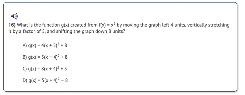 what is the function g(x) created from f(x)= x^2 by moving the graph left 4 units-example-1