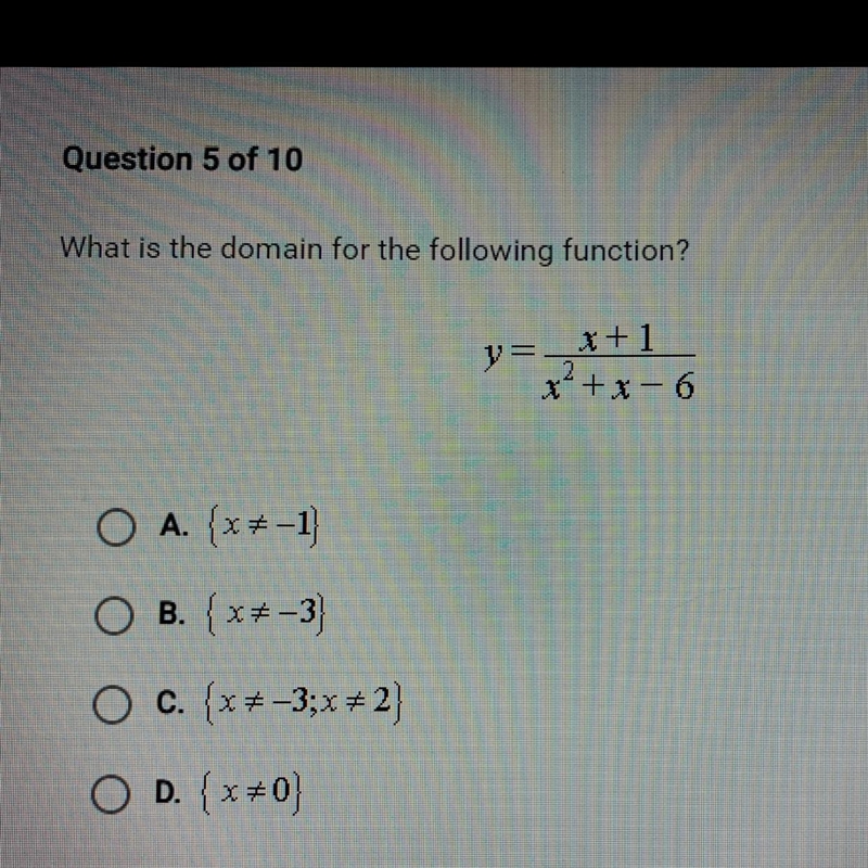 What is the domain for the following function? y=-x+1 x²+x-6 X- O A. {X-1 O B. (x-example-1