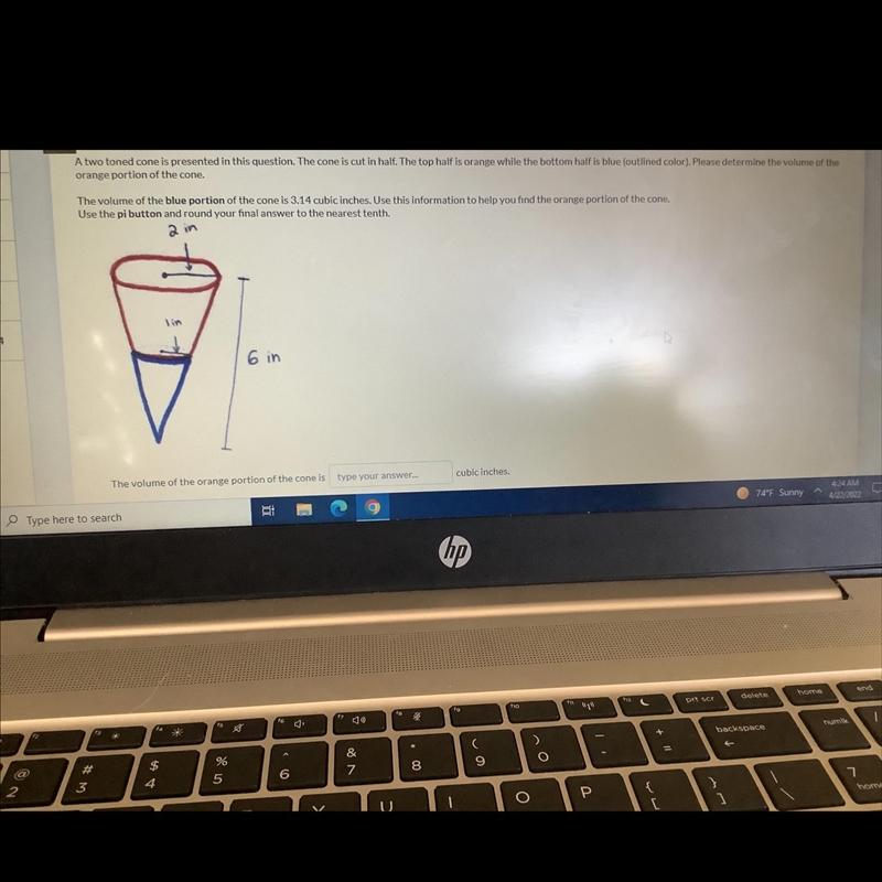 The volume of the blue portion of the cone is 3.14 cubic inches. Information to help-example-1